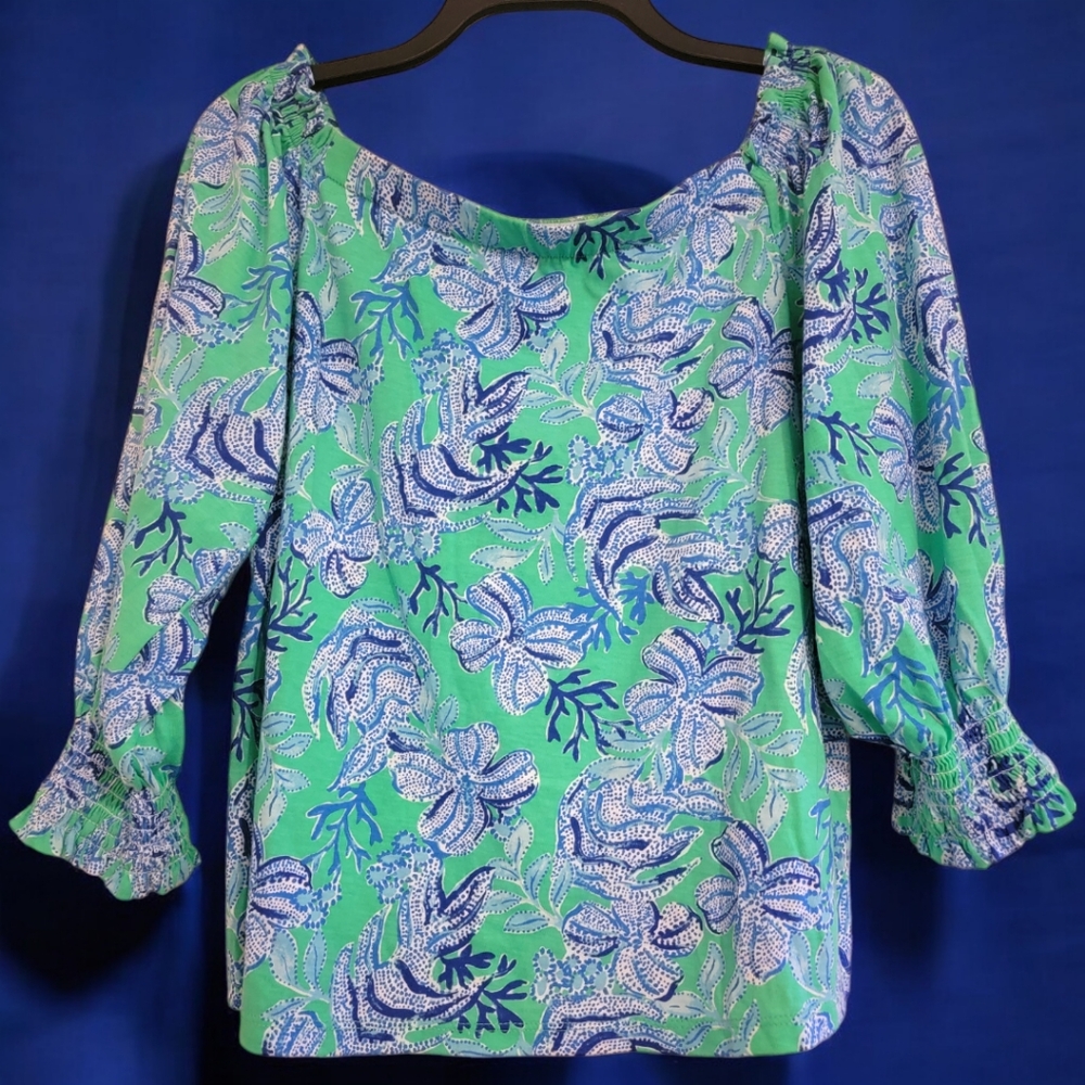 Lilly Pulitzer Lessa Off The Shoulder Top, Cabana Green, Keepin It Reel …